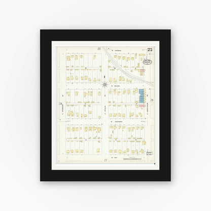 Old map wall art mockup — black gallery frame with white mat — Sanborn Fire Insurance Map from Denison, Grayson County, Texas (1908), Sheet #0025