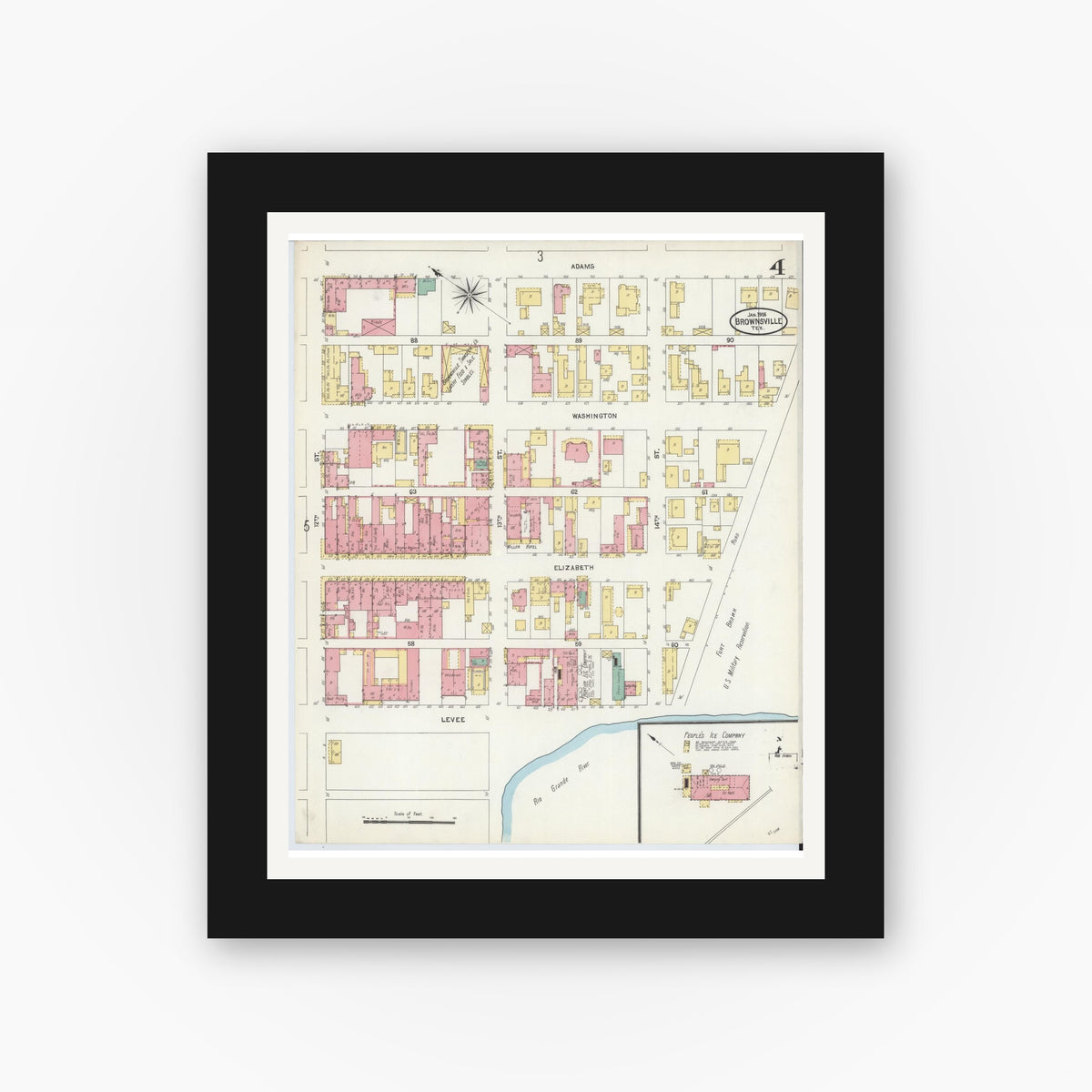 Old map wall art mockup — black gallery frame with white mat — Sanborn Fire Insurance Map from Brownsville, Cameron County, Texas (1906), Sheet #0004