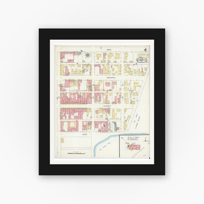 Old map wall art mockup — black gallery frame with white mat — Sanborn Fire Insurance Map from Brownsville, Cameron County, Texas (1906), Sheet #0004