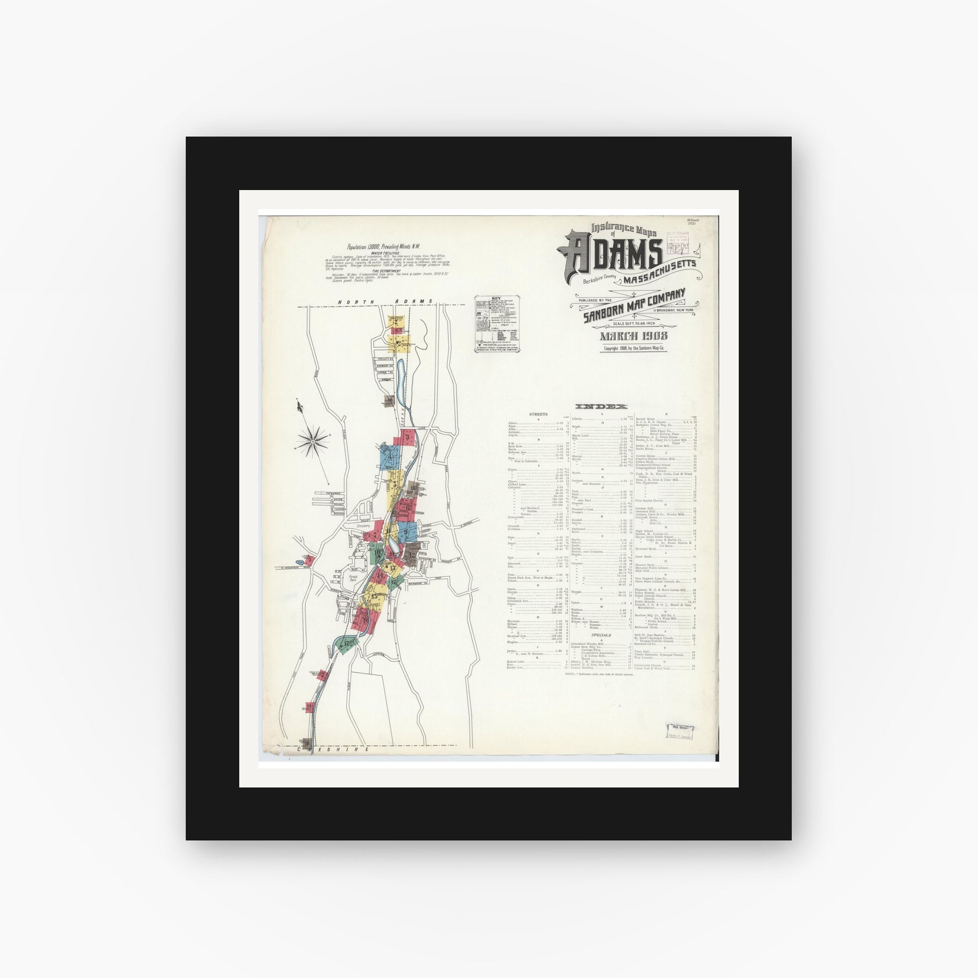 Old map wall art mockup — black gallery frame with white mat — Sanborn Fire Insurance Map from Adams, Berkshire County, Massachusetts (1908) - Complete Map Set