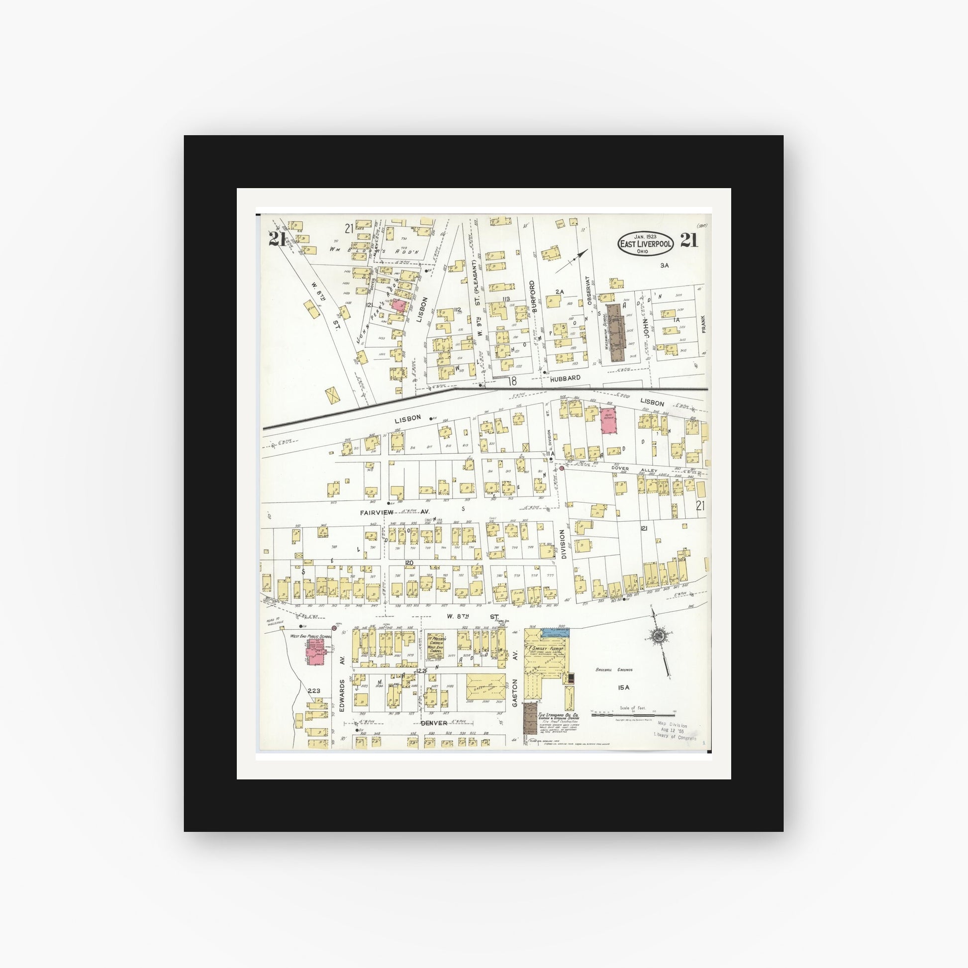 Old map wall art mockup — black gallery frame with white mat — Sanborn Fire Insurance Map from East Liverpool, Columbiana County, Ohio (1923), Sheet #0021