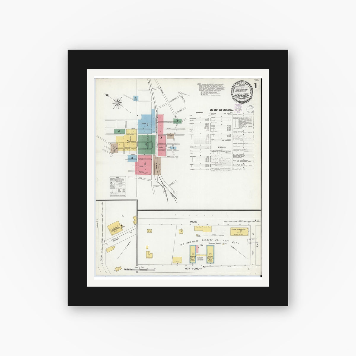 Old map wall art mockup — black gallery frame with white mat — Sanborn Fire Insurance Map from Henderson, Vance County, North Carolina (1901) - Complete Map Set