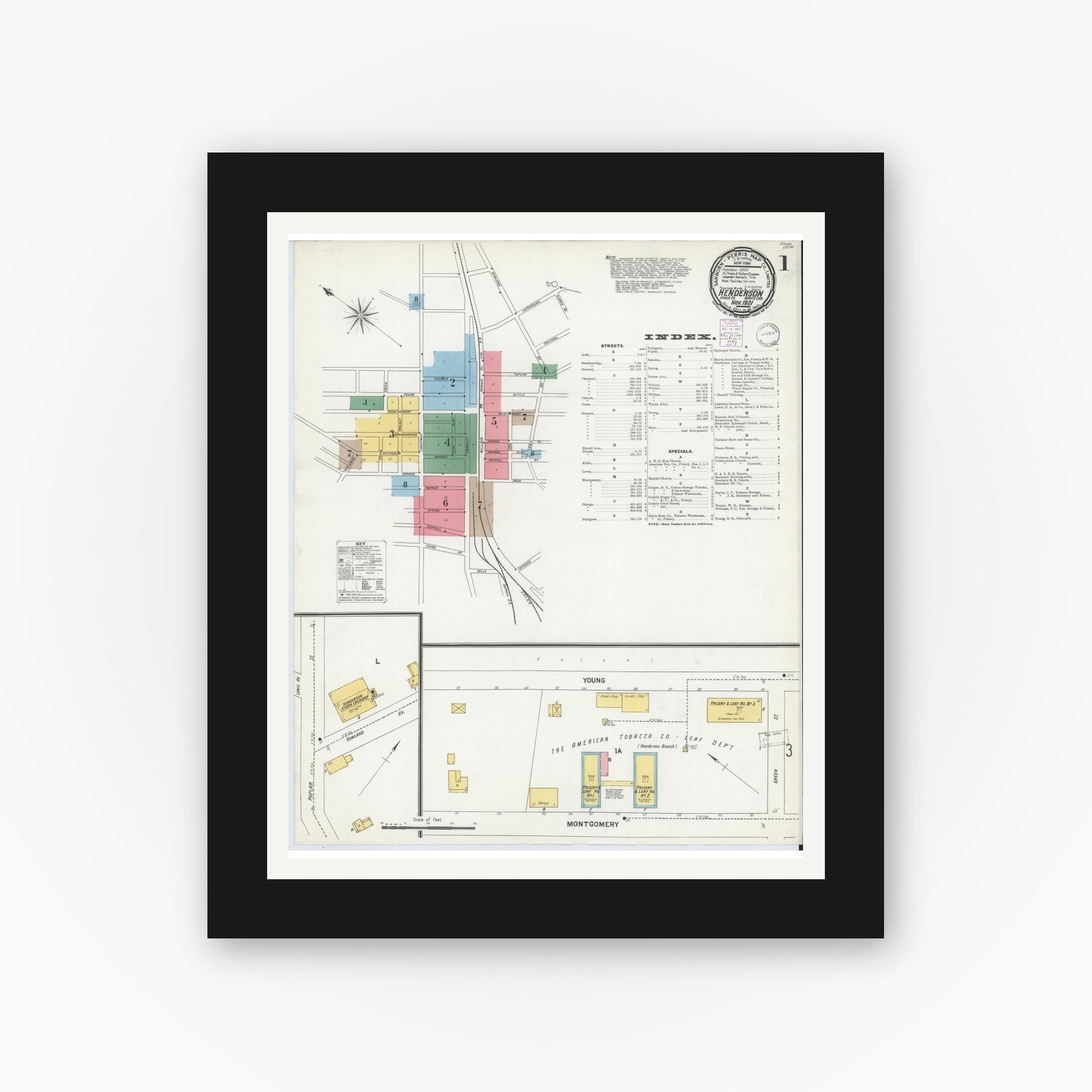Old map wall art mockup — black gallery frame with white mat — Sanborn Fire Insurance Map from Henderson, Vance County, North Carolina (1901) - Complete Map Set