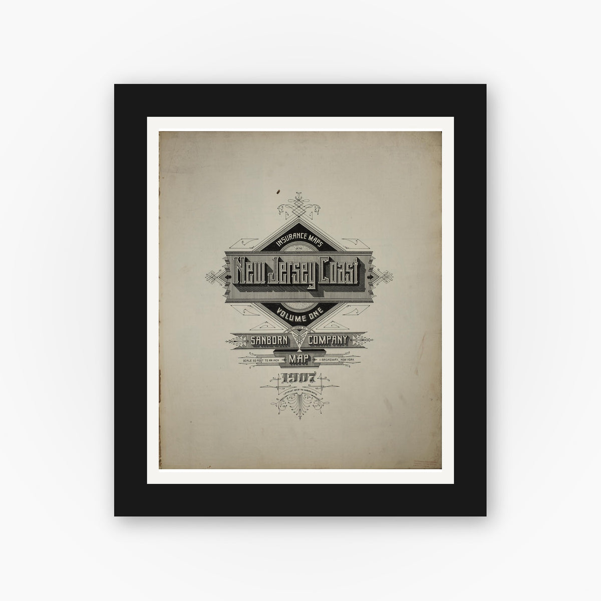 Old map wall art mockup — black gallery frame with white mat — Sanborn Fire Insurance Map from New Jersey Coast, New Jersey Coast, New Jersey (1907), Sheet #0001