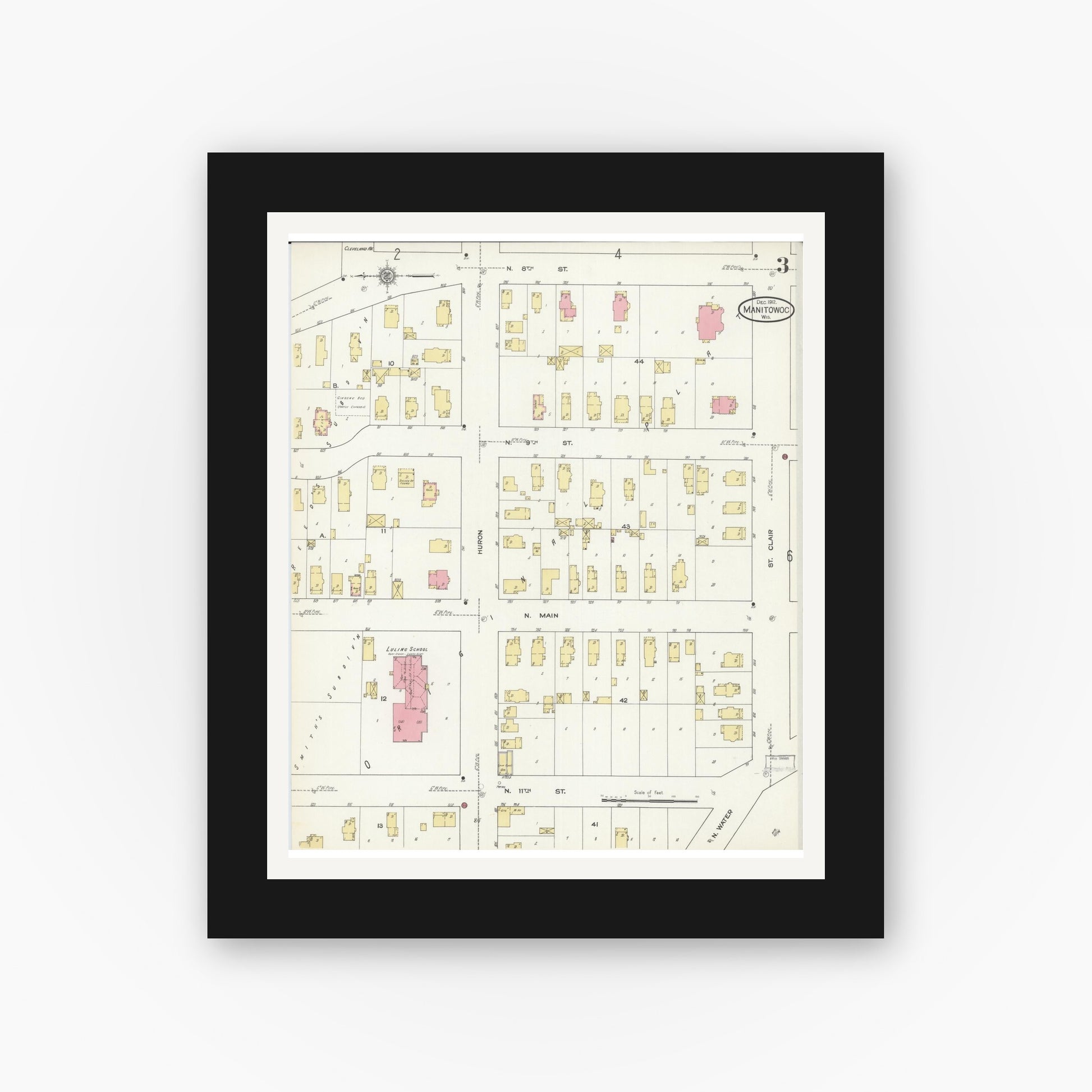 Old map wall art mockup — black gallery frame with white mat — Sanborn Fire Insurance Map from Manitowoc, Manitowoc County, Wisconsin (1912), Sheet #0003