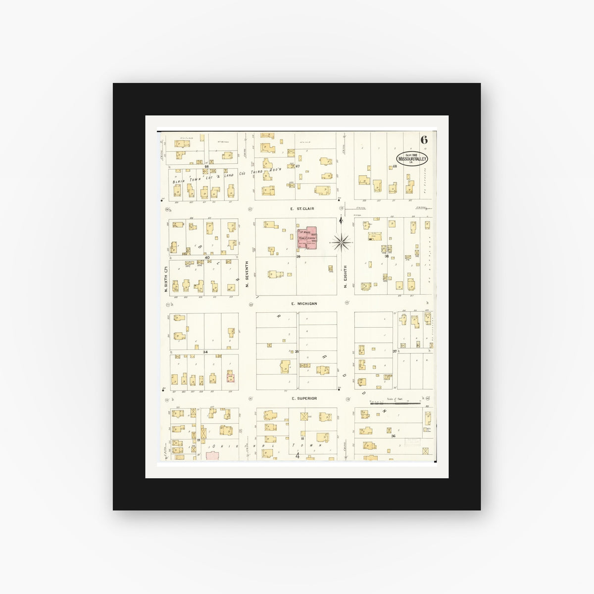 Old map wall art mockup — black gallery frame with white mat — Sanborn Fire Insurance Map from Missouri Valley, Harrison County, Iowa (1908), Sheet #0006