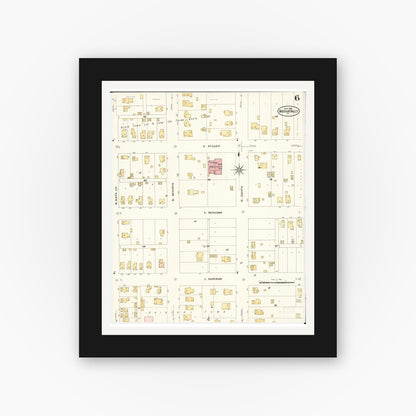 Old map wall art mockup — black gallery frame with white mat — Sanborn Fire Insurance Map from Missouri Valley, Harrison County, Iowa (1908), Sheet #0006