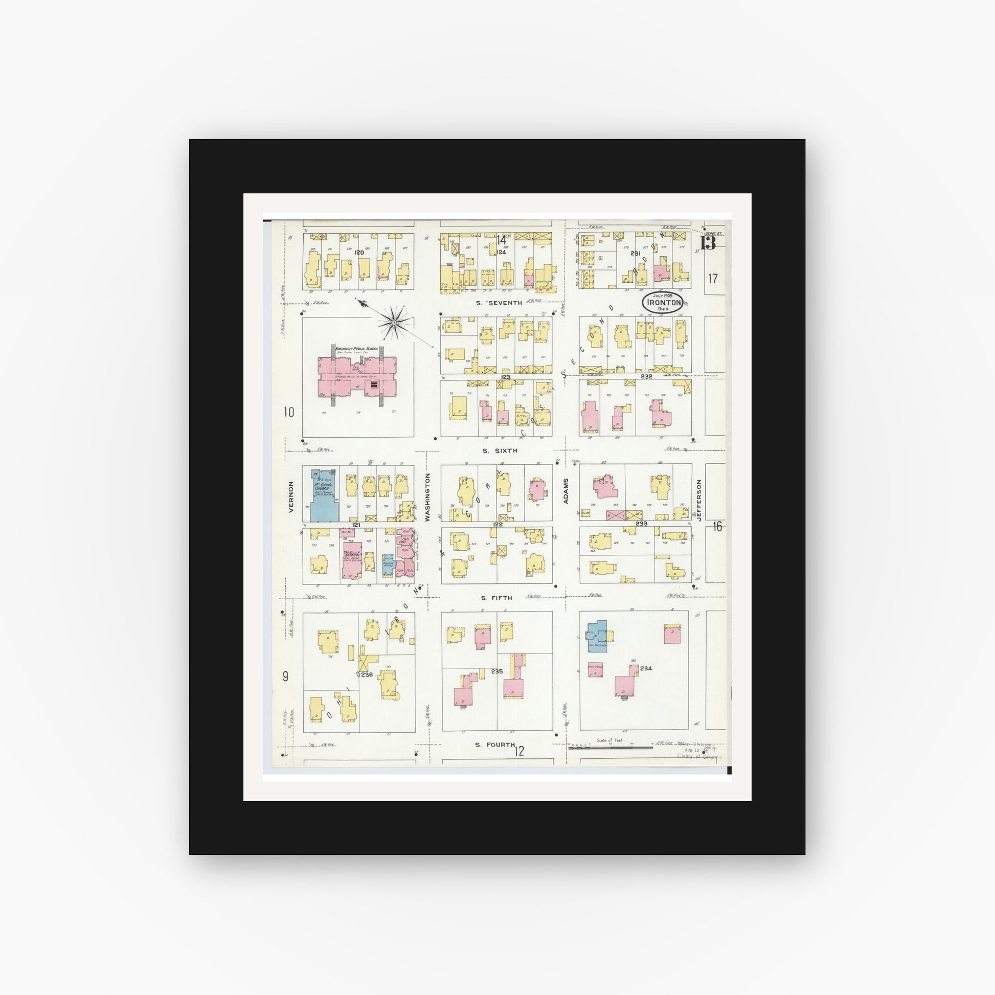 Old map wall art mockup — black gallery frame with white mat — Sanborn Fire Insurance Map from Ironton, Lawrence County, Ohio (1909), Sheet #0013