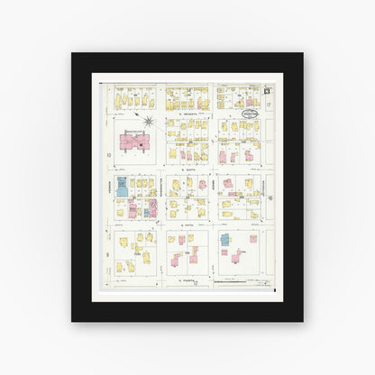 Old map wall art mockup — black gallery frame with white mat — Sanborn Fire Insurance Map from Ironton, Lawrence County, Ohio (1909), Sheet #0013