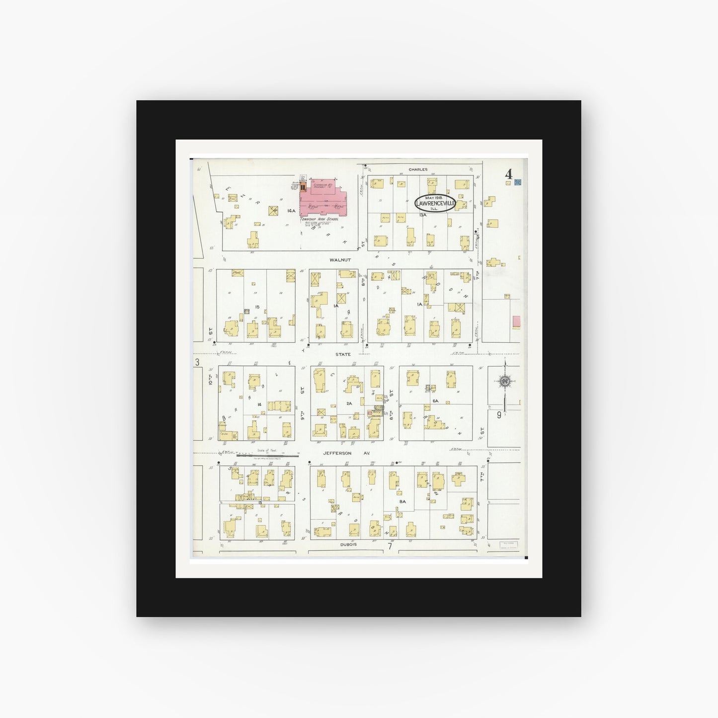 Old map wall art mockup — black gallery frame with white mat — Sanborn Fire Insurance Map from Lawrenceville, Lawrence County, Illinois (1918), Sheet #0004