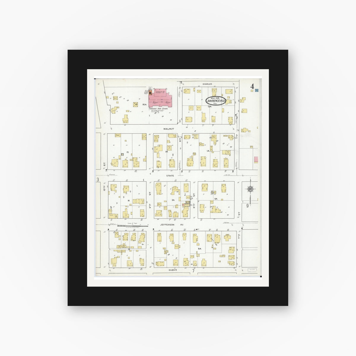 Old map wall art mockup — black gallery frame with white mat — Sanborn Fire Insurance Map from Lawrenceville, Lawrence County, Illinois (1918), Sheet #0004