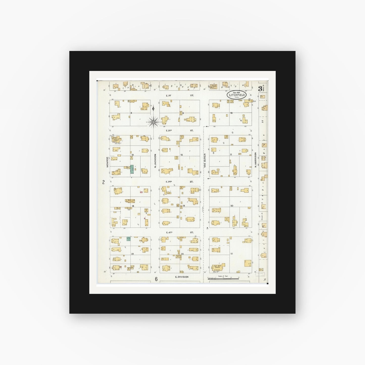 Old map wall art mockup — black gallery frame with white mat — Sanborn Fire Insurance Map from Litchfield, Montgomery County, Illinois (1905), Sheet #0003