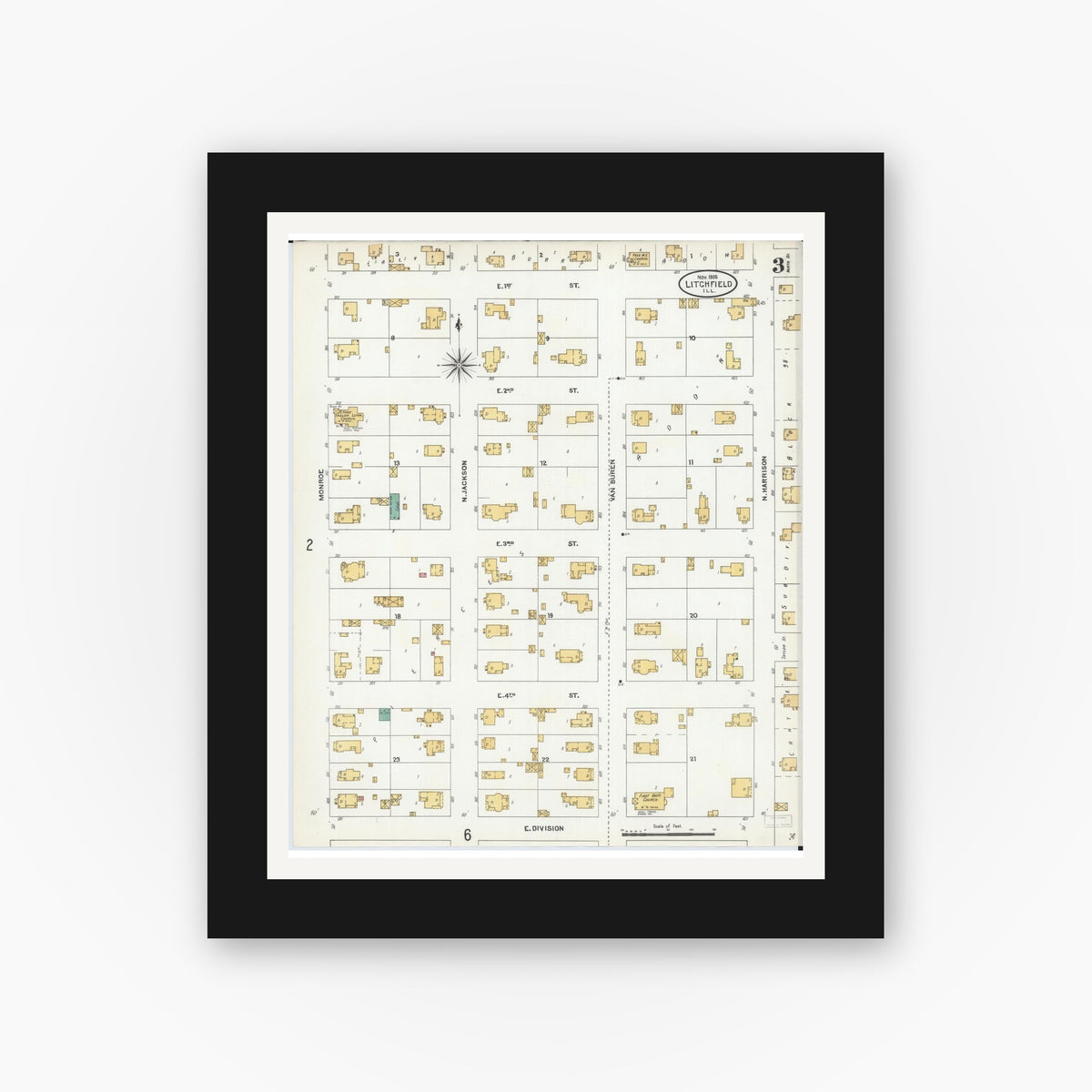 Old map wall art mockup — black gallery frame with white mat — Sanborn Fire Insurance Map from Litchfield, Montgomery County, Illinois (1905), Sheet #0003