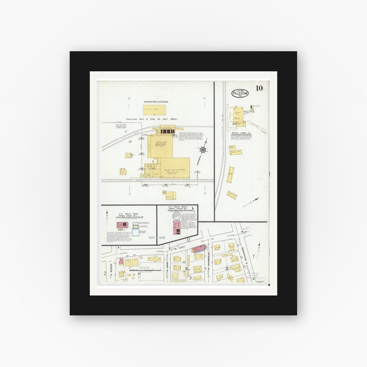 Old map wall art mockup — black gallery frame with white mat — Sanborn Fire Insurance Map from Palestine, Anderson County, Texas (1919), Sheet #0010