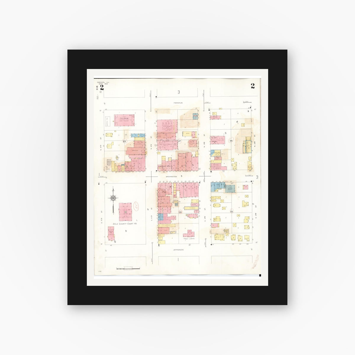 Old map wall art mockup — black gallery frame with white mat — Sanborn Fire Insurance Map from Oregon, Ogle County, Illinois (1943), Sheet #0002