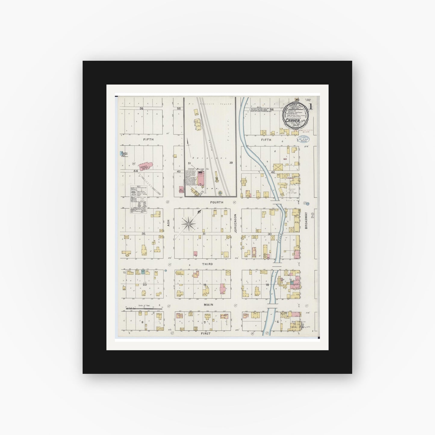 Old map wall art mockup — black gallery frame with white mat — Sanborn Fire Insurance Map from Carver, Carver County, Minnesota (1894), Sheet #0001