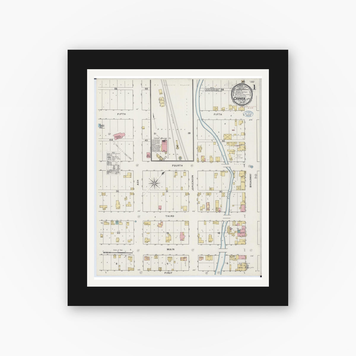 Old map wall art mockup — black gallery frame with white mat — Sanborn Fire Insurance Map from Carver, Carver County, Minnesota (1894), Sheet #0001