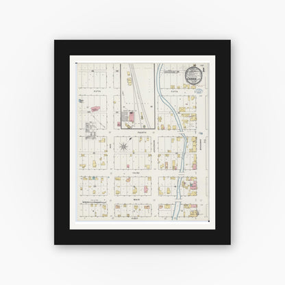 Old map wall art mockup — black gallery frame with white mat — Sanborn Fire Insurance Map from Carver, Carver County, Minnesota (1894), Sheet #0001