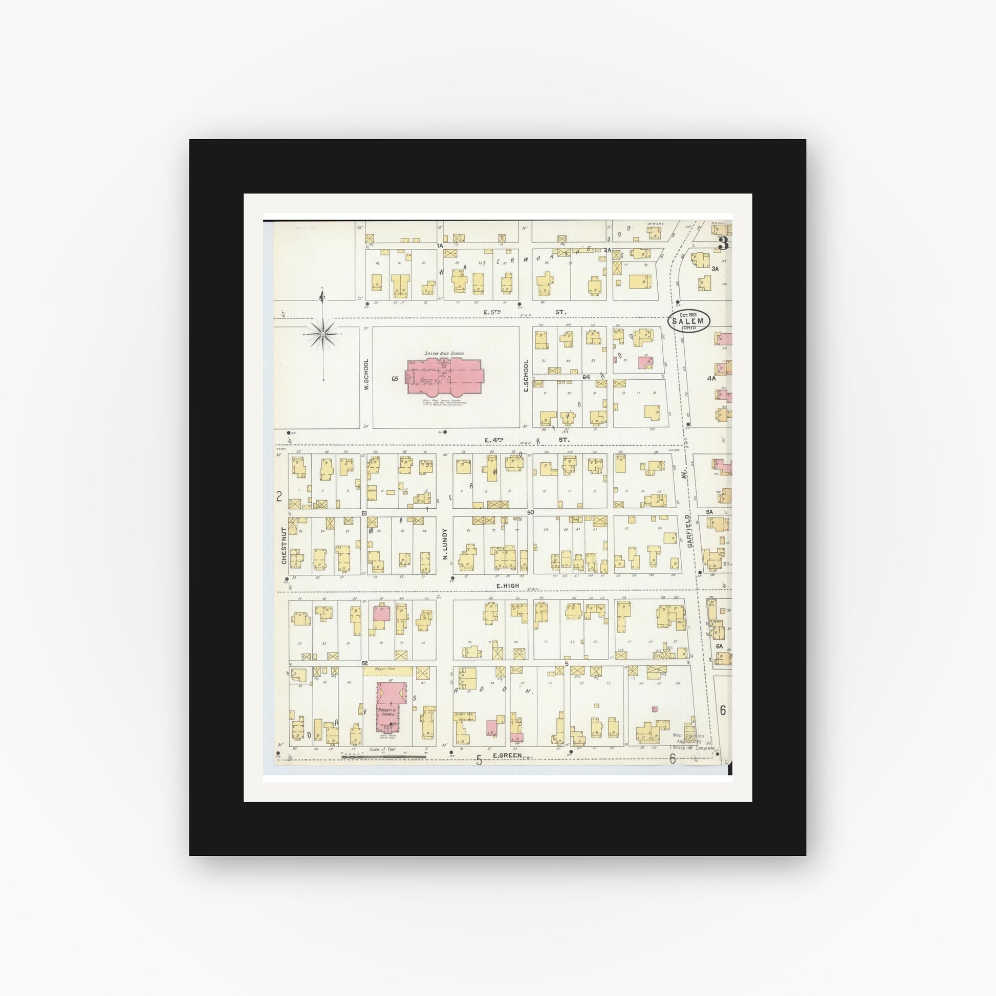 Old map wall art mockup — black gallery frame with white mat — Sanborn Fire Insurance Map from Salem, Columbiana County, Ohio (1903), Sheet #0003