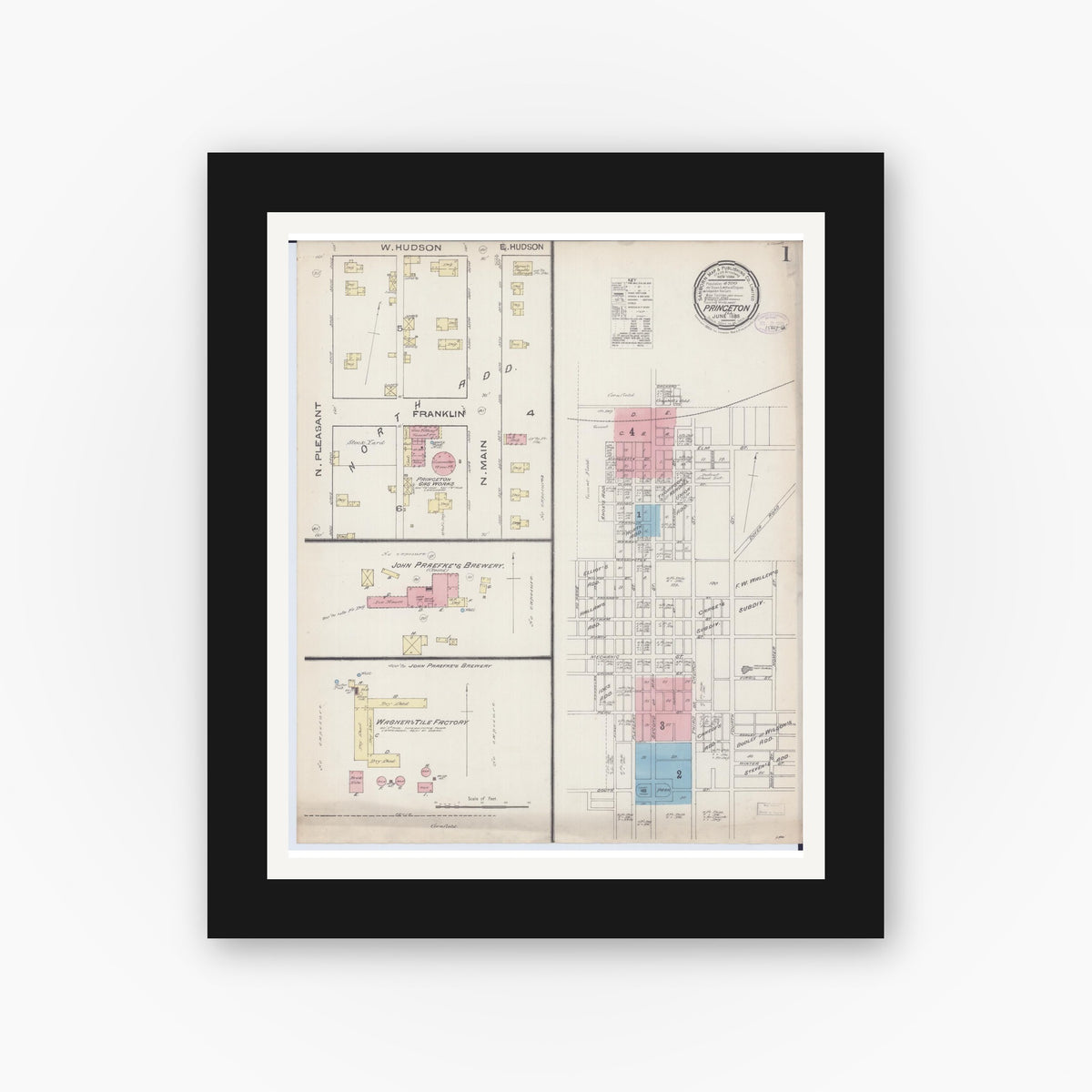 Old map wall art mockup — black gallery frame with white mat — Sanborn Fire Insurance Map from Princeton, Bureau County, Illinois (1885), Sheet #0001