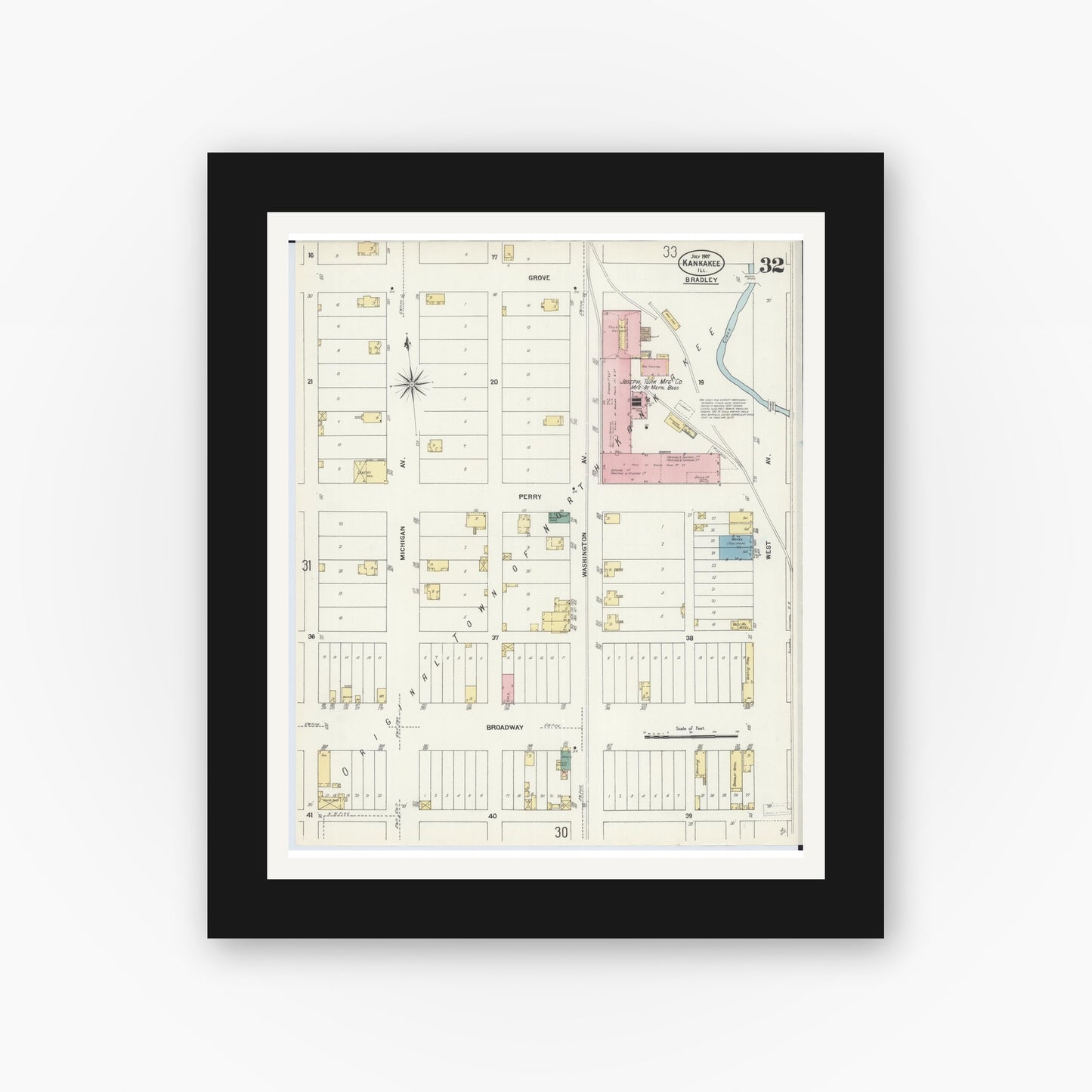 Old map wall art mockup — black gallery frame with white mat — Sanborn Fire Insurance Map from Kankakee, Kankakee County, Illinois (1907), Sheet #0032