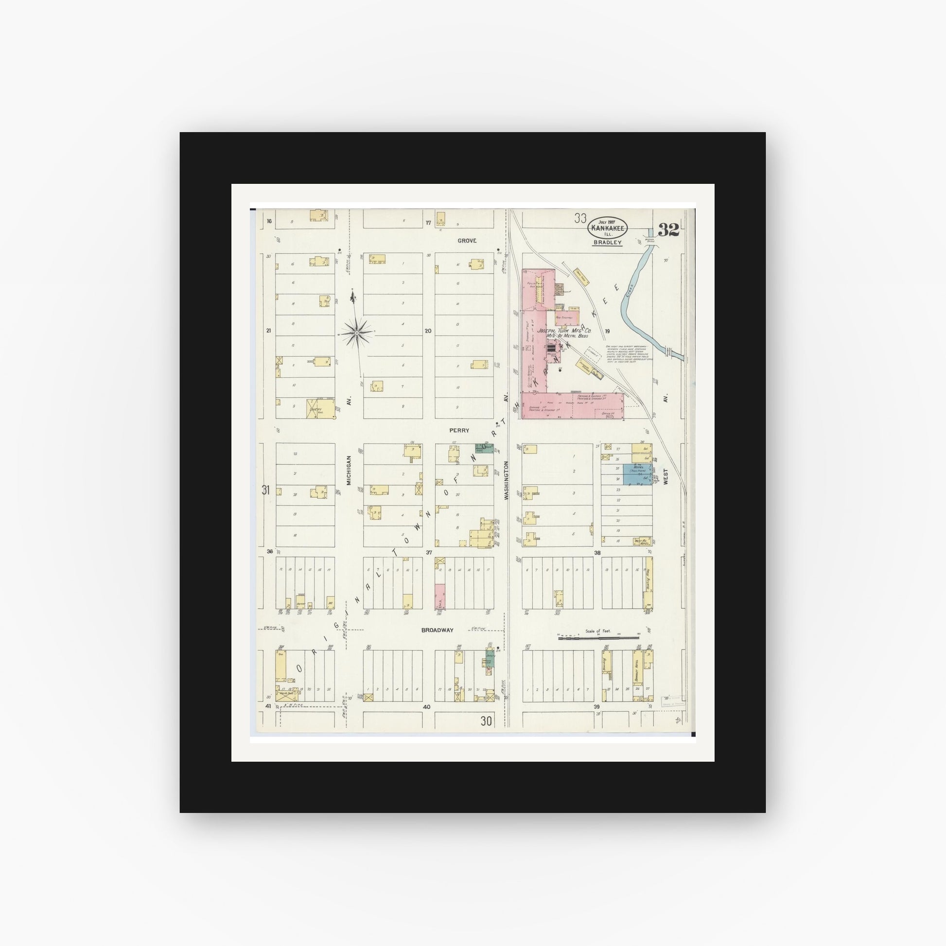Old map wall art mockup — black gallery frame with white mat — Sanborn Fire Insurance Map from Kankakee, Kankakee County, Illinois (1907), Sheet #0032