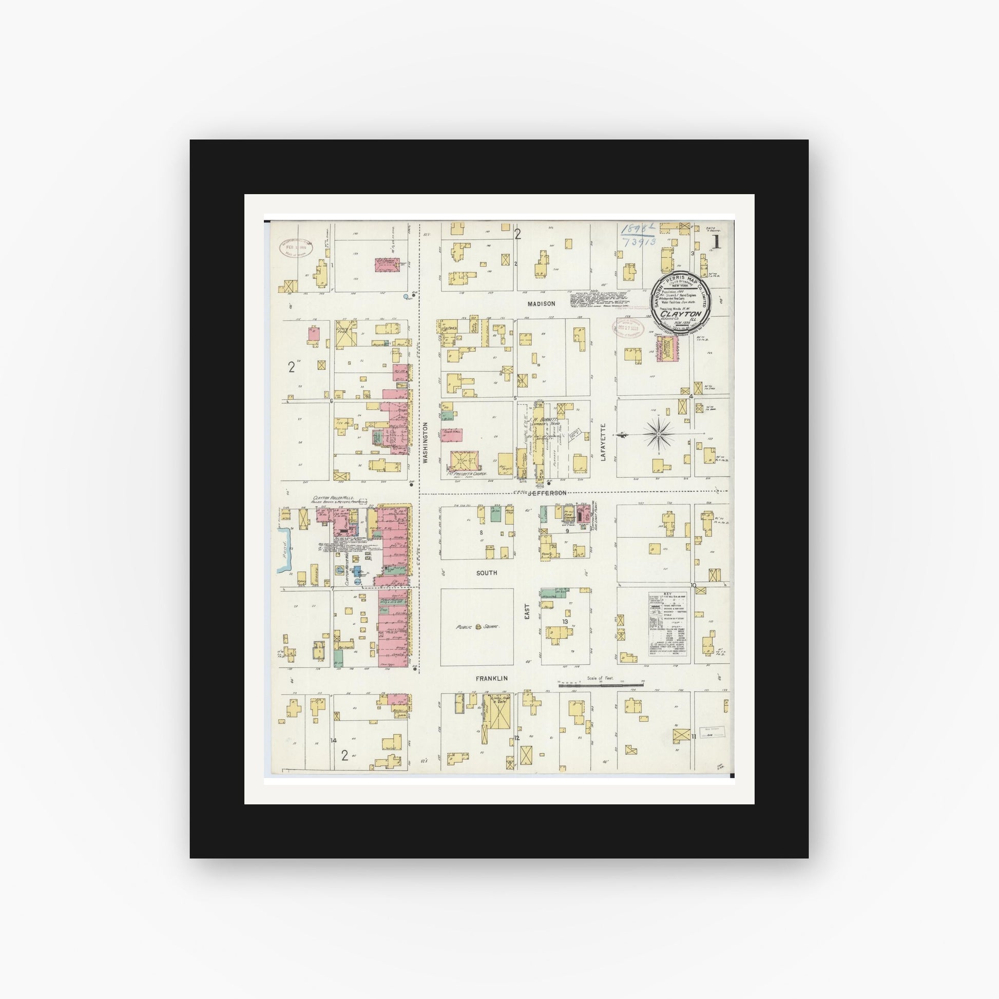 Old map wall art mockup — black gallery frame with white mat — Sanborn Fire Insurance Map from Clayton, Adams County, Illinois (1898), Sheet #0001