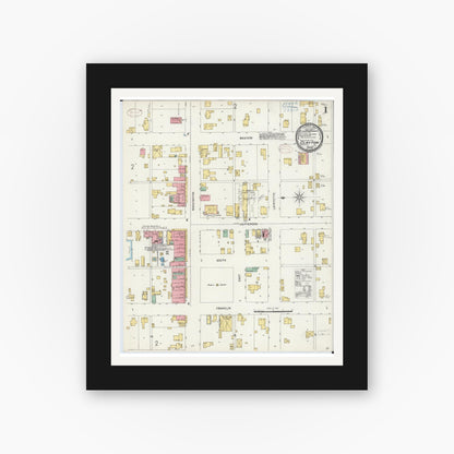 Old map wall art mockup — black gallery frame with white mat — Sanborn Fire Insurance Map from Clayton, Adams County, Illinois (1898), Sheet #0001