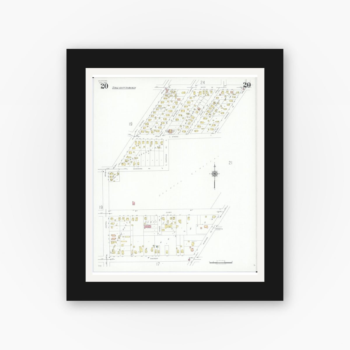 Old map wall art mockup — black gallery frame with white mat — Sanborn Fire Insurance Map from Beloit, Rock County, Wisconsin (1939), Sheet #0020