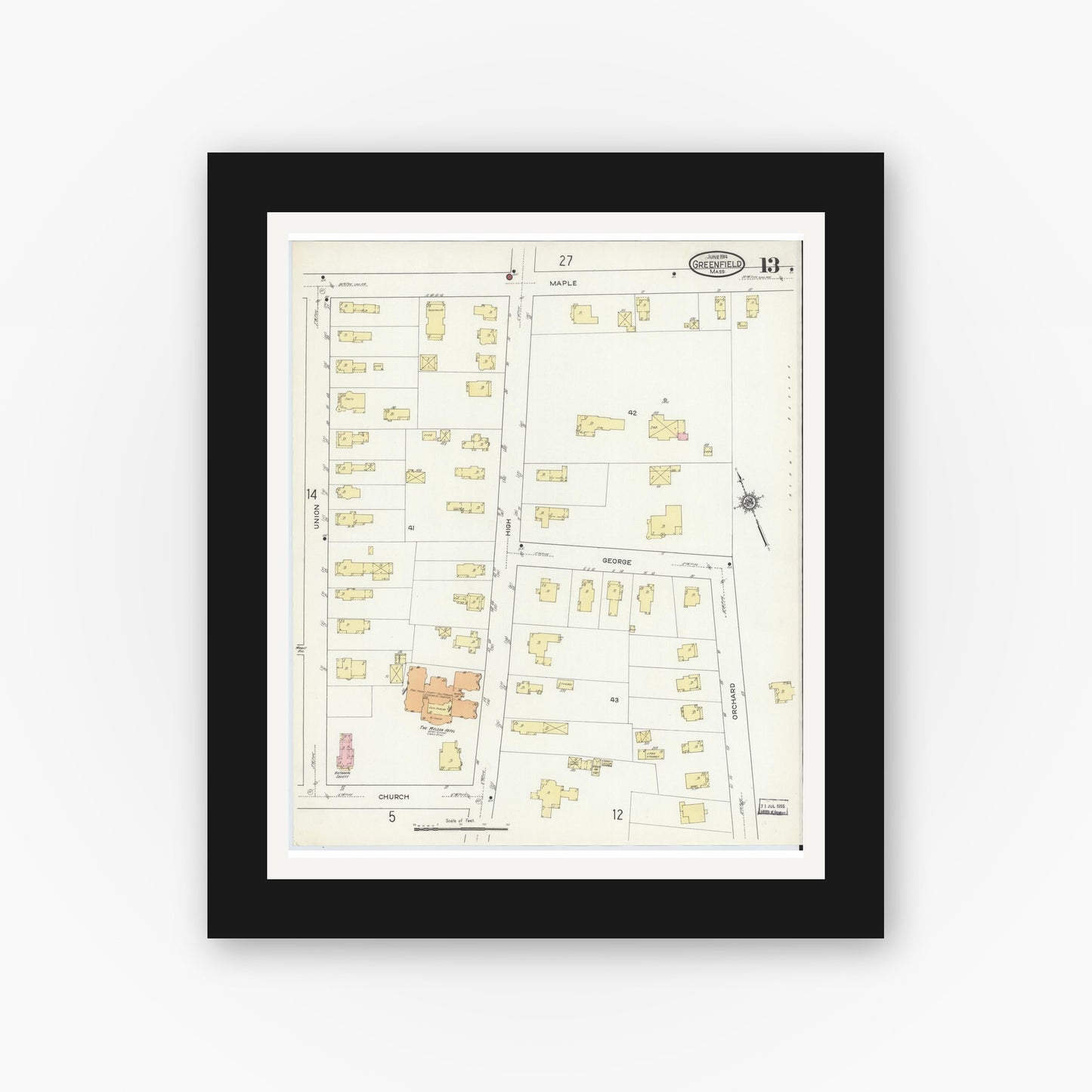 Old map wall art mockup — black gallery frame with white mat — Sanborn Fire Insurance Map from Greenfield, Franklin County, Massachusetts (1914), Sheet #0013