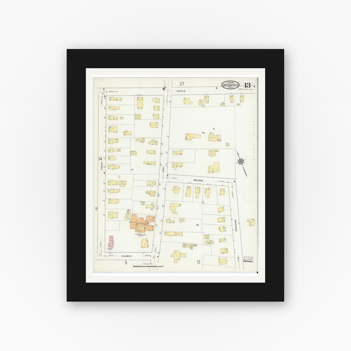 Old map wall art mockup — black gallery frame with white mat — Sanborn Fire Insurance Map from Greenfield, Franklin County, Massachusetts (1914), Sheet #0013