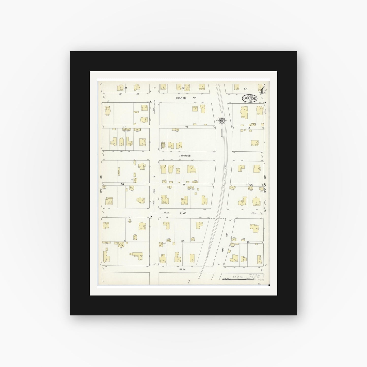 Old map wall art mockup — black gallery frame with white mat — Sanborn Fire Insurance Map from Orange, Orange County, Texas (1914), Sheet #0004