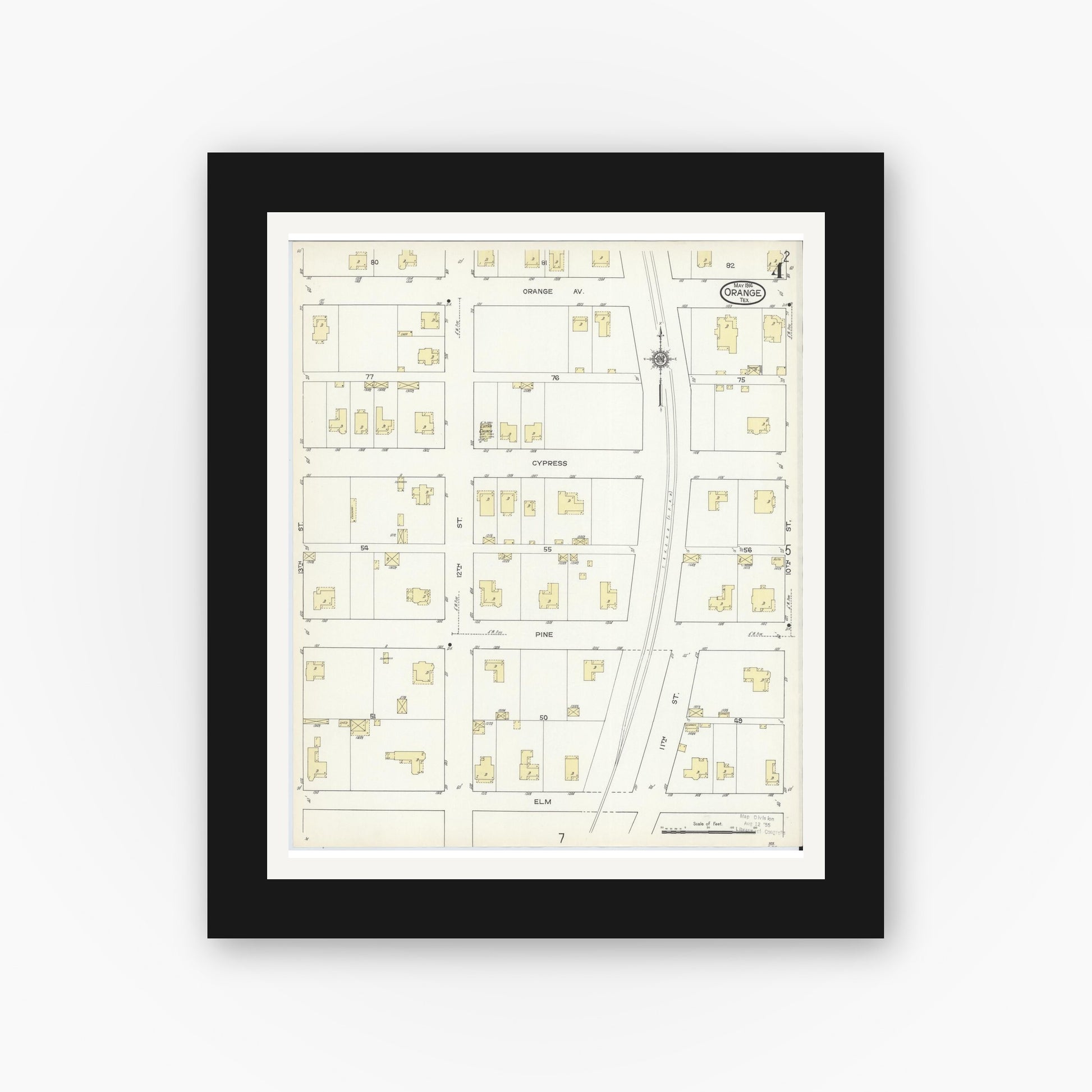 Old map wall art mockup — black gallery frame with white mat — Sanborn Fire Insurance Map from Orange, Orange County, Texas (1914), Sheet #0004