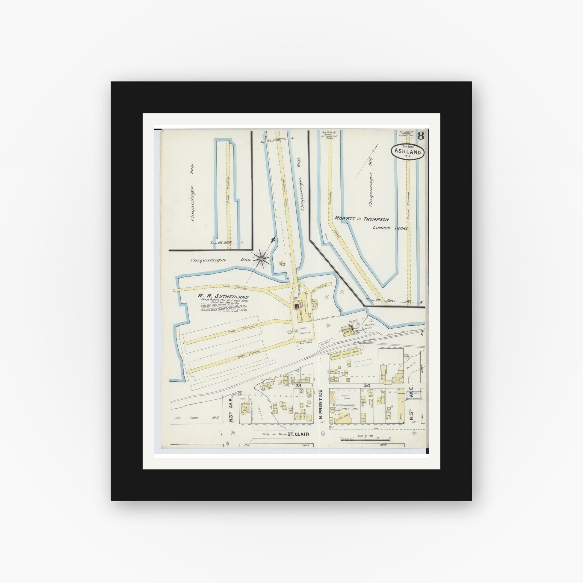 Old map wall art mockup — black gallery frame with white mat — Sanborn Fire Insurance Map from Ashland, Ashland County, Wisconsin (1890), Sheet #0008