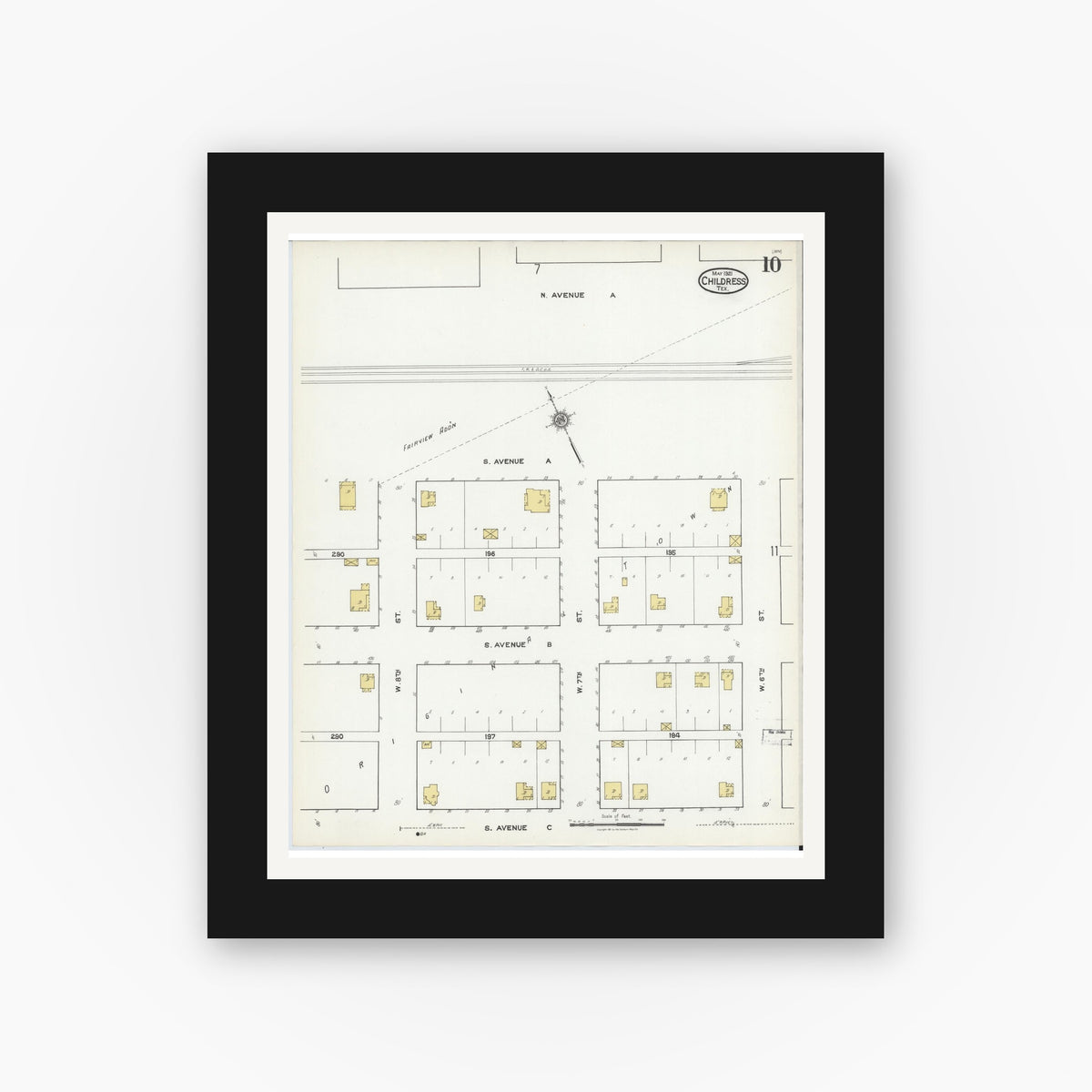Old map wall art mockup — black gallery frame with white mat — Sanborn Fire Insurance Map from Childress, Childress County, Texas (1921), Sheet #0010