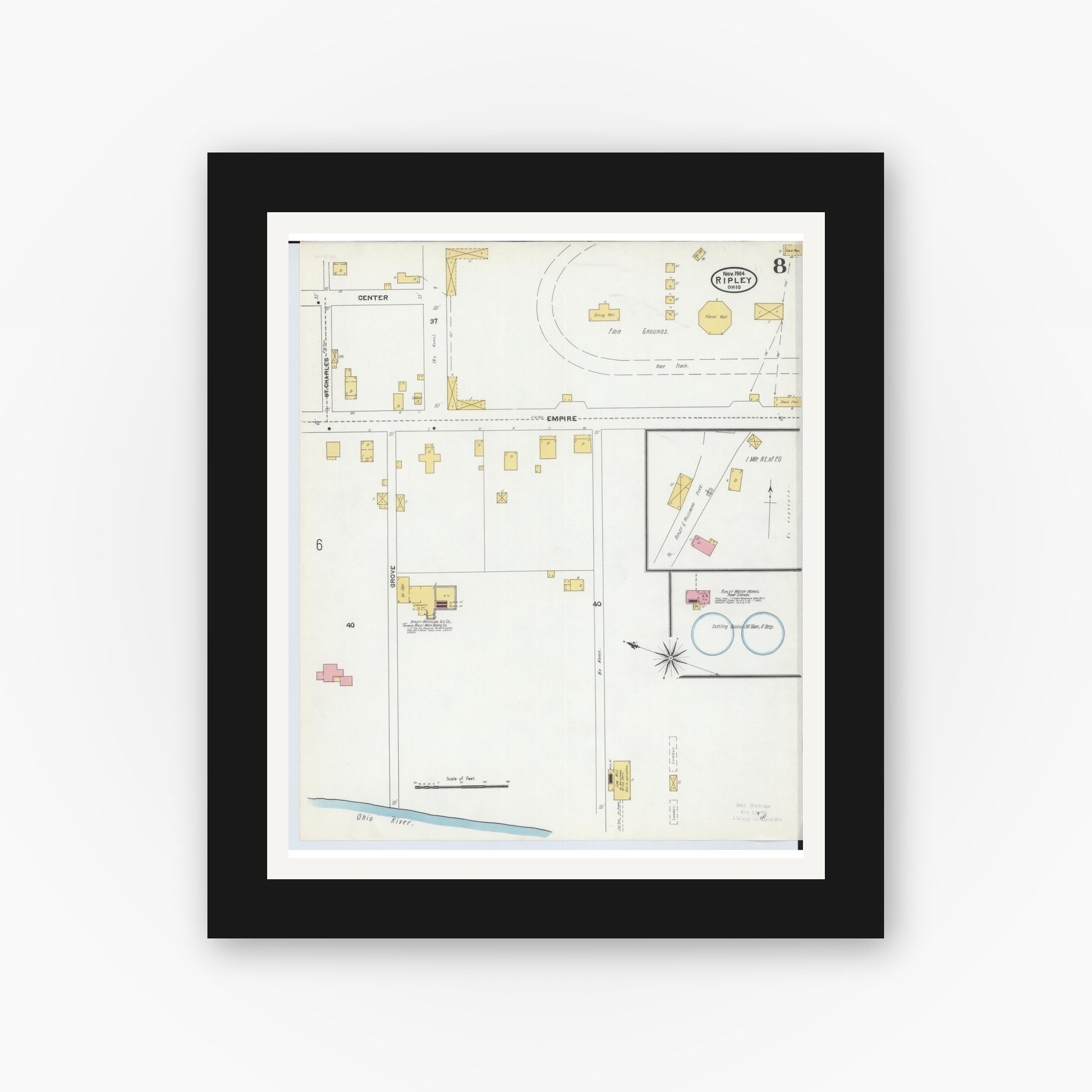 Old map wall art mockup — black gallery frame with white mat — Sanborn Fire Insurance Map from Ripley, Brown County, Ohio (1904), Sheet #0008