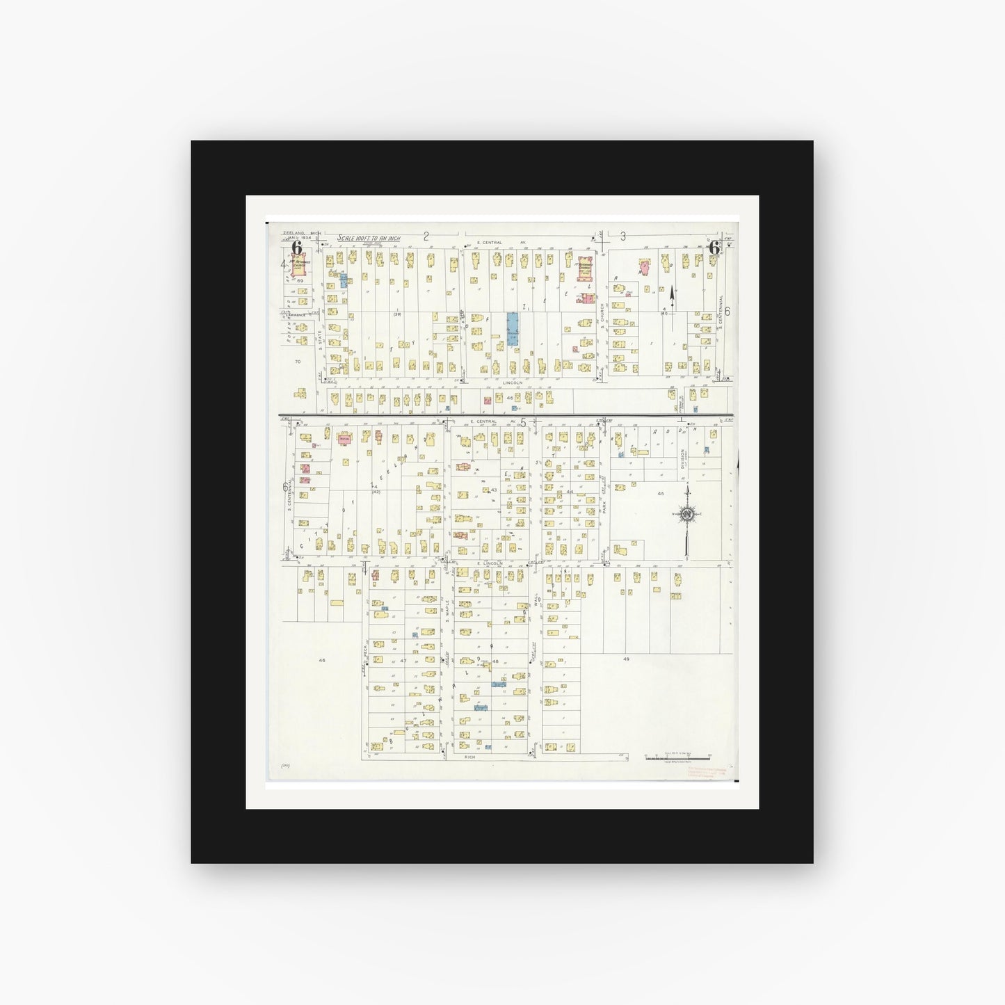 Old map wall art mockup — black gallery frame with white mat — Sanborn Fire Insurance Map from Zeeland, Ottawa County, Michigan (1934), Sheet #0006