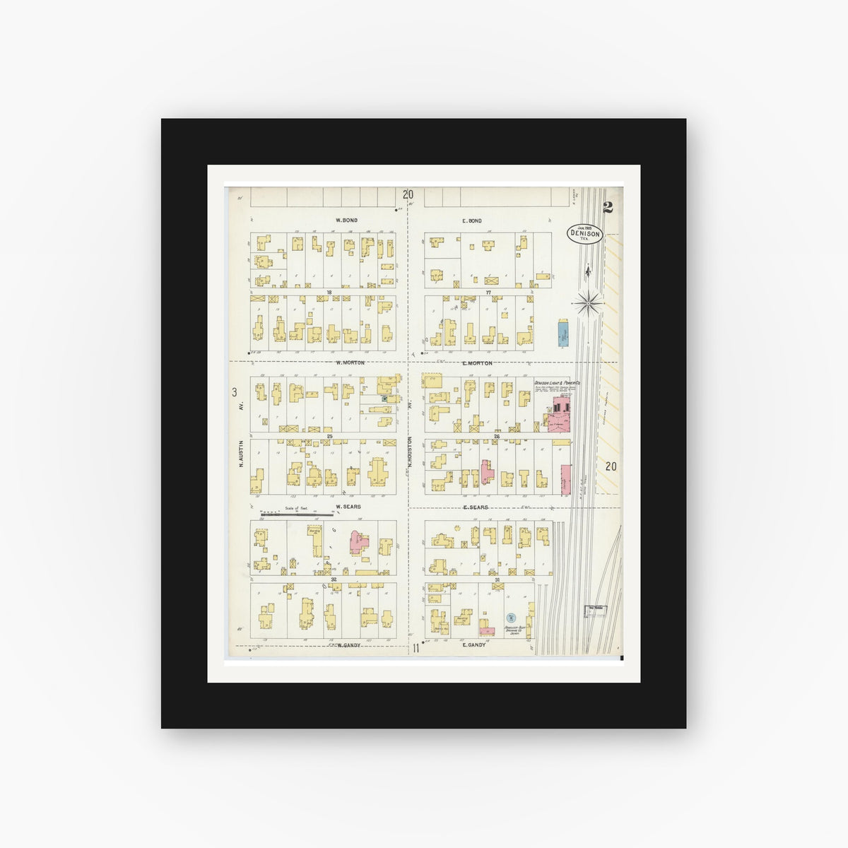 Old map wall art mockup — black gallery frame with white mat — Sanborn Fire Insurance Map from Denison, Grayson County, Texas (1903), Sheet #0002