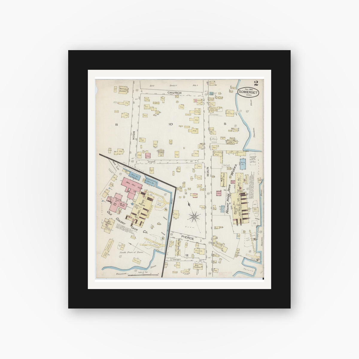 Old map wall art mockup — black gallery frame with white mat — Sanborn Fire Insurance Map from Somerset, Bristol County, Massachusetts (1885), Sheet #0002