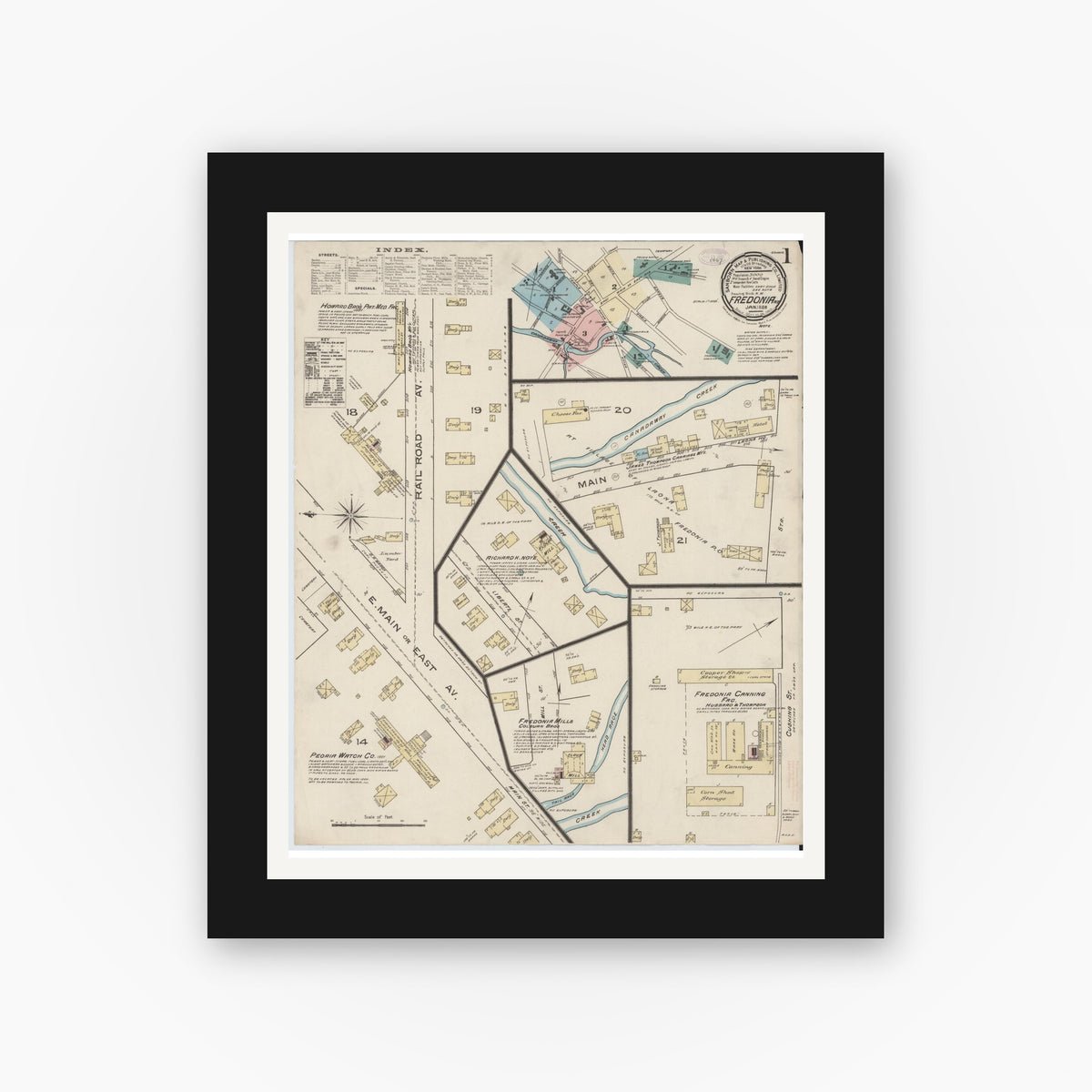 Old map wall art mockup — black gallery frame with white mat — Sanborn Fire Insurance Map from Fredonia, Chautauqua County, New York (1886), Sheet #0001