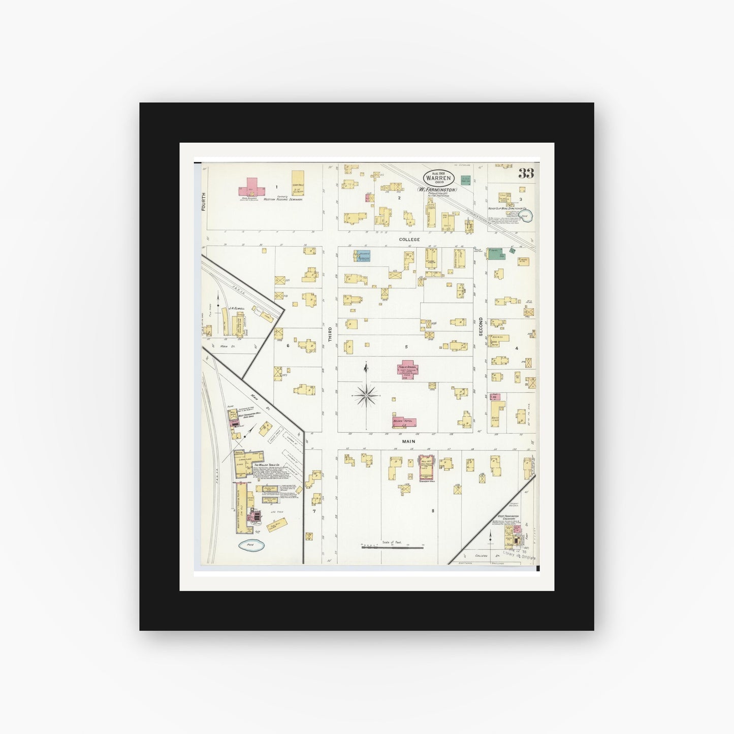 Old map wall art mockup — black gallery frame with white mat — Sanborn Fire Insurance Map from Warren, Trumbull County, Ohio (1908), Sheet #0033