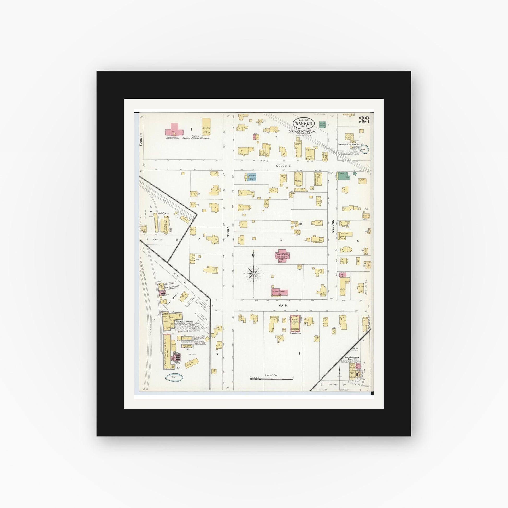 Old map wall art mockup — black gallery frame with white mat — Sanborn Fire Insurance Map from Warren, Trumbull County, Ohio (1908), Sheet #0033