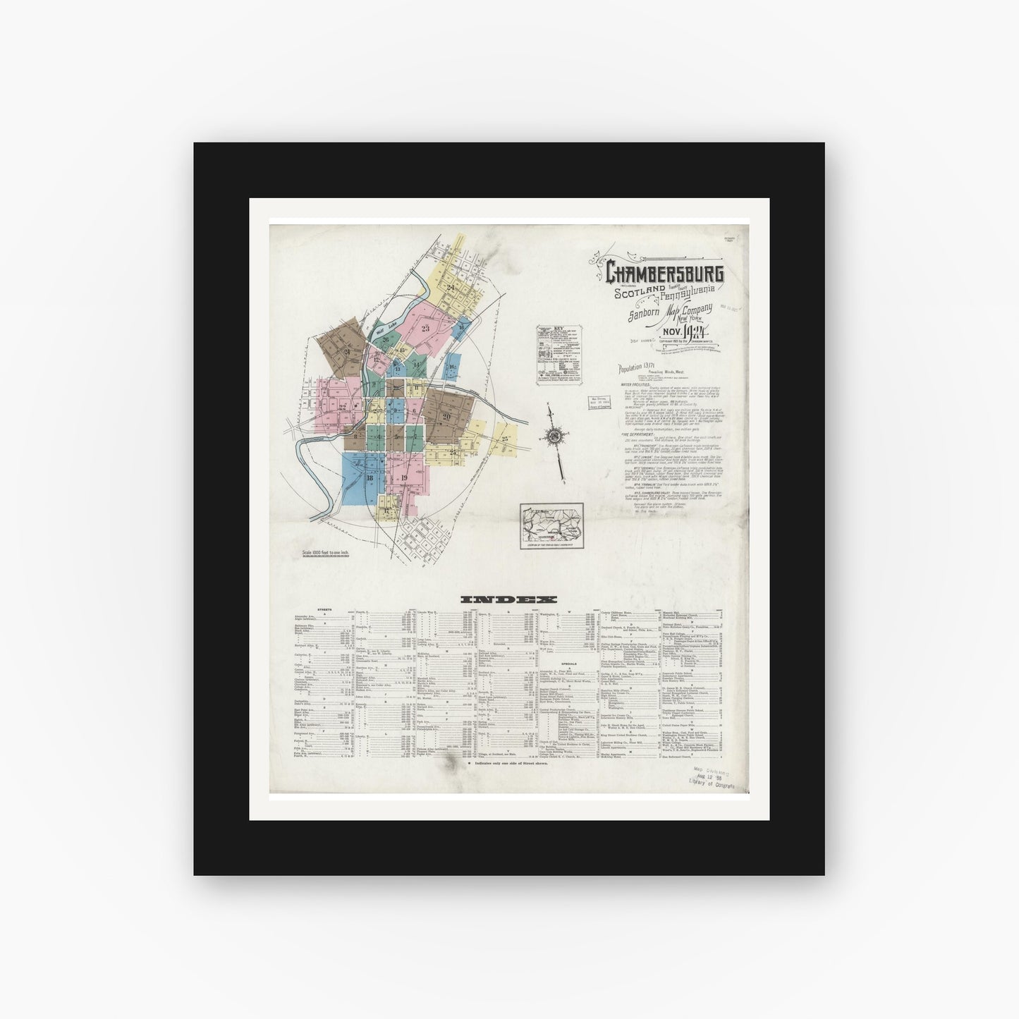 Old map wall art mockup — black gallery frame with white mat — Sanborn Fire Insurance Map from Chambersburg, Franklin County, Pennsylvania (1924), Sheet #0001