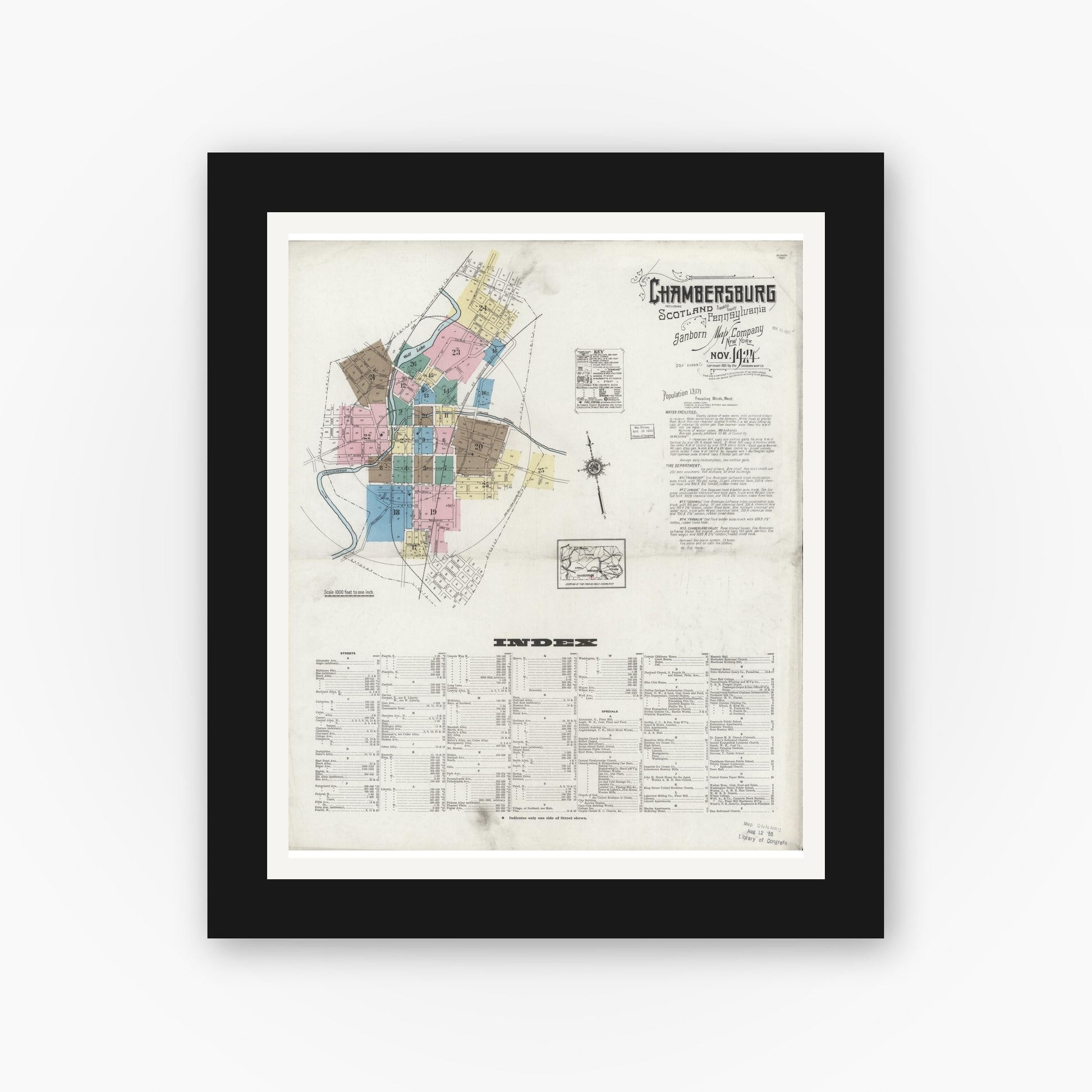 Old map wall art mockup — black gallery frame with white mat — Sanborn Fire Insurance Map from Chambersburg, Franklin County, Pennsylvania (1924), Sheet #0001