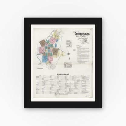 Old map wall art mockup — black gallery frame with white mat — Sanborn Fire Insurance Map from Chambersburg, Franklin County, Pennsylvania (1924), Sheet #0001