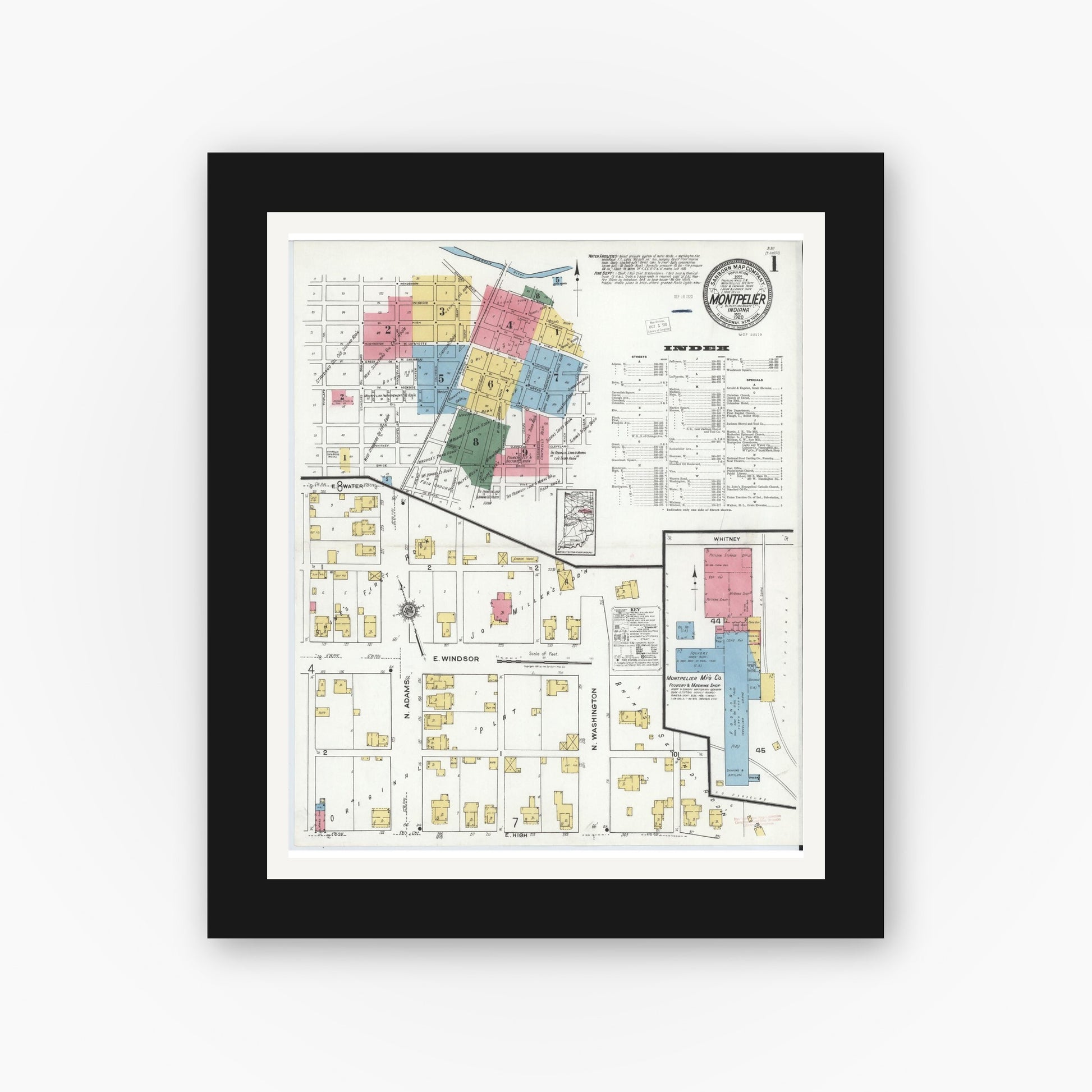 Old map wall art mockup — black gallery frame with white mat — Sanborn Fire Insurance Map from Montpelier, Blackford County, Indiana (1920) - Complete Map Set