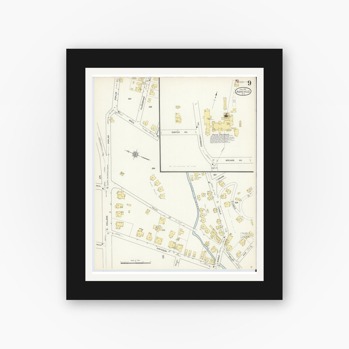 Old map wall art mockup — black gallery frame with white mat — Sanborn Fire Insurance Map from Asheville, Buncombe County, North Carolina (1913), Sheet #0009