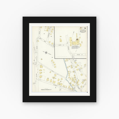 Old map wall art mockup — black gallery frame with white mat — Sanborn Fire Insurance Map from Asheville, Buncombe County, North Carolina (1913), Sheet #0009