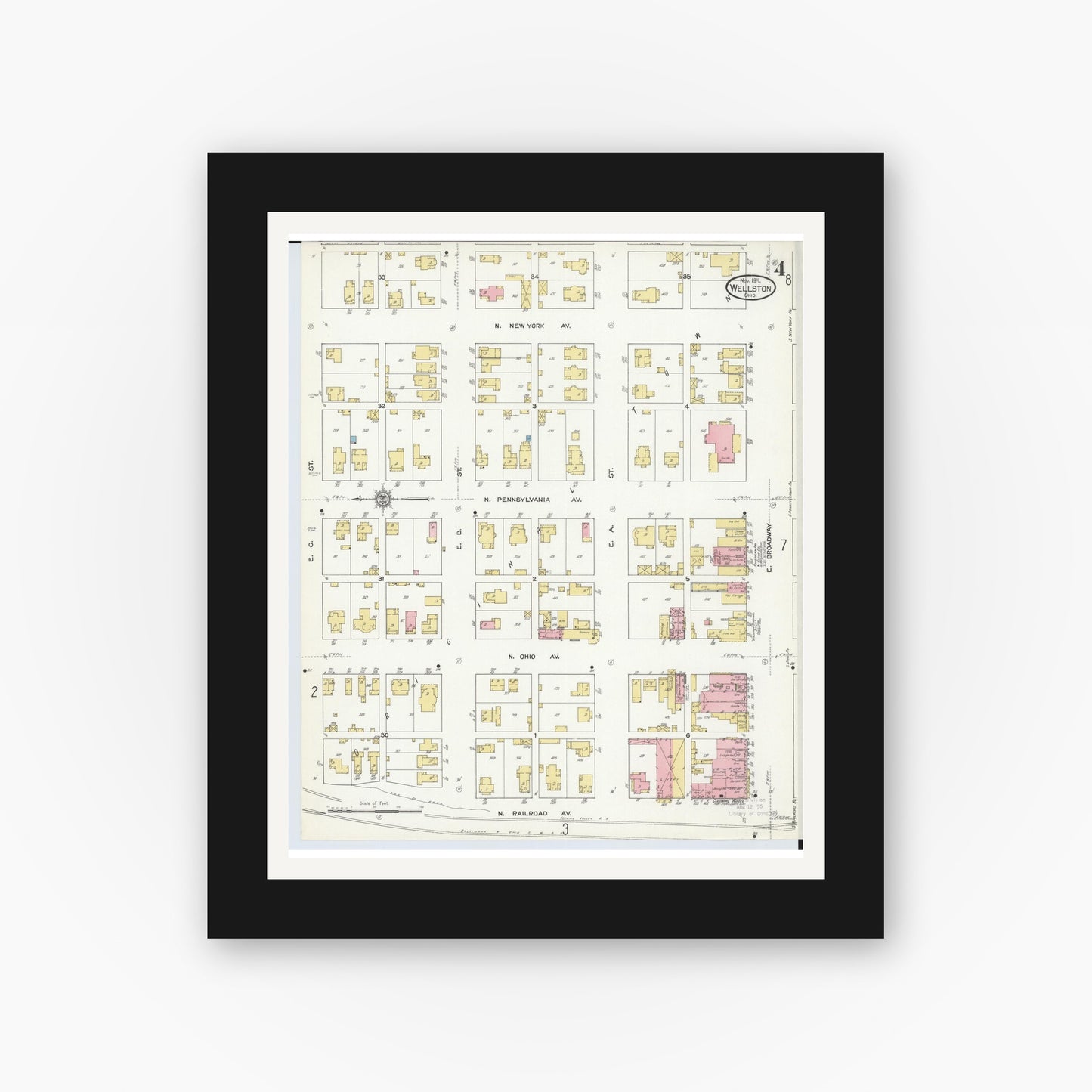 Old map wall art mockup — black gallery frame with white mat — Sanborn Fire Insurance Map from Wellston, Jackson County, Ohio (1911), Sheet #0004