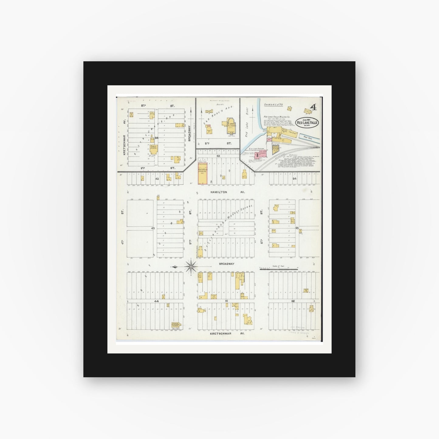 Old map wall art mockup — black gallery frame with white mat — Sanborn Fire Insurance Map from Red Lake Falls, Red Lake County, Minnesota (1904), Sheet #0004